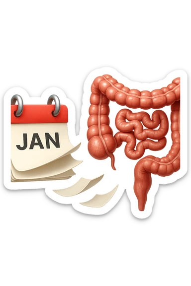 emoji stile iphone di un calendario con fogli che volano insieme a pezzi anatomici di colon umano, iperrealistico 4k, isolato su sfondo bianco sticker