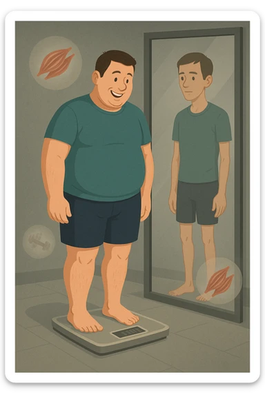 a man stands on a scale, smiling at the lower number, but his reflection in a nearby mirror shows a thinner, but also visibly weaker and less muscular body. Around him, floating icons or faded images of muscle fibers and dumbbells highlight the overlooked loss of muscle mass. The mood is cautionary and educational. in italiano sticker