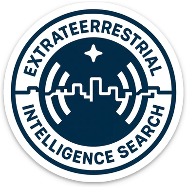 modern intelligence agency-style badge for extraterrestrial intelligence search, with a circular design, encrypted signal lines, and a star, in dark blue and white sticker