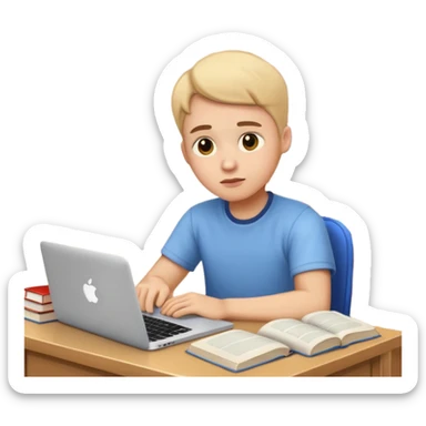 emoji student studying at home english books, macbook bored, room, white background sticker