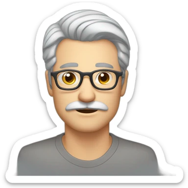 white guy tainted gray hair, brown eyebrows, mid 20s, light gray retangular glasses, growing mustache sticker