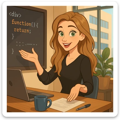 Disney cartoon European female software developer, long beach wavy dark blonde hair, green eyes, black long-sleeved blouse, no chain, no glasses, business setting, smiling, teaching behavior sticker