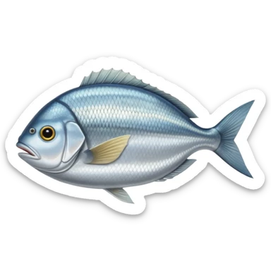 whole silver sea bream with a laterally flattened oval body and shimmering scales, golden band between the eyes, forked tail, defined fins, fish lies flat, raw and clean, smooth slightly reflective surface, no garnish plate or extras, soft lighting, subtle shadows, emoji scale sticker