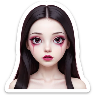 girl with white skin, dark brown long realistic straight hair with middle part prominently falling in front of her body over her shoulders, lips with reddish-pink shiny lip gloss and absolutely no cupid's bow, big round eyes with very black shiny eyeballs and natural long eyelashes, absolutely no eye makeup, no eyeshadow, no eyeliner, completely bare eyes, light pink blush on cheeks, lighter button nose, exceptionally elongated very long oval-shaped face, wearing a pink off-shoulder top, looking directly at camera with hands down at sides sticker