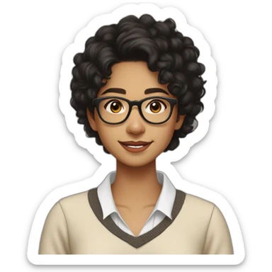 smiling indian teenage girl with black curly hair and glasses wearing a collared long sleeve white shirt under a beige v shaped collar sweatervest with no buttons sticker