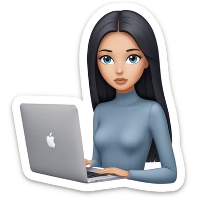 Glamours tanned very beautiful girl with pump peach nude lips and black straight smooth long hair, blue-grey eyes in grey bodysuit with MacBook sticker