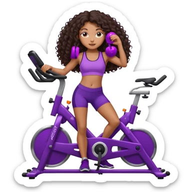African American girl with long dark brown curly hair, purple workout set leaning on a indoor spin bike with NO HELMET,  sticker
