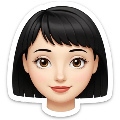 A white girl with short layered black hair and micro bangs, smiling. She has an oval-shaped face, lips without a heart shape, a slightly wide nose, long pretty lashes, and almond-shaped eyes. sticker