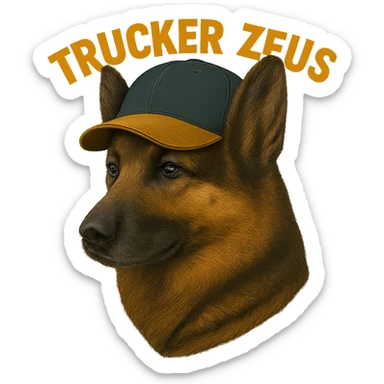 Convert the image to JPEG format with a white background if transparency is not supported. Keep the realistic German Shepherd and yellow 'Trucker Zeus' text. Maximize compression for smallest file size. sticker