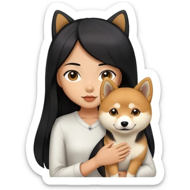 A girl with long black straight hair holding a black Shiba Inu sticker