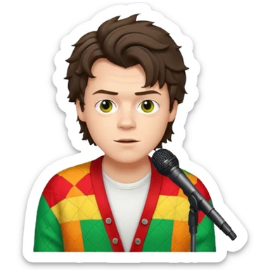 harry styles with a mic, he is wearing a patchwork colorful (red, yellow,green) cardigan and a white t-shirt under sticker