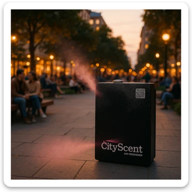 Add a soft, realistic scent mist effect coming from the left side of the CityScent air freshener machine. The scene is realistic, with people relaxing and enjoying the scent in a city plaza at dusk. sticker