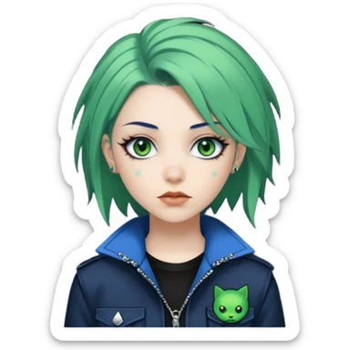woman with white skin and green eyes, her hair is shoulder length black with navy blue hime cut layers, wearing green and blue y2k and punk themed clothes  sticker