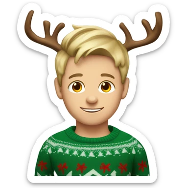 dark blond hairwd boy with christmas sweater and raindeer horns sticker