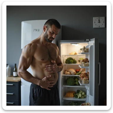 hyperrealistic 4K image of a man in gym clothes clutching his bloated stomach with a pained expression, standing next to a bathroom scale showing '75kg', open fridge in the background packed with chicken, rice, and broccoli, gym and kitchen setting sticker
