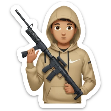 
Fais moi un jeune taliban qui ressemble qui tient une AR15 avec un hoodie a capuche, capuché, avec la cagoule nike therma fit hood sticker
