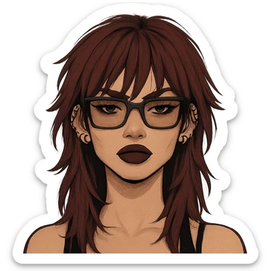 avatar with burgundy long shaggy cut hair, rectangle black-brown two-tone spectacles, baddie vibe, three lobe piercings on left ear, two lobe piercings on right ear sticker