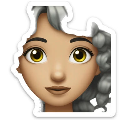 A girl with short, messy black hair, green eyes with circles, and thick eyelashes sticker