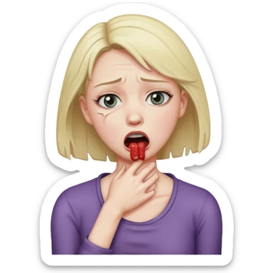 Woman choking herself with dramatic face sticker