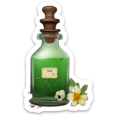 Mysterious Alchemical vintage glass potion bottle, exquisite bottle shape, old and shabby, with label, stylish and minimalistic, brown and shabby-green, oil potion is poured out of the bottle, herbal, flowers and oil is spilled next to it sticker