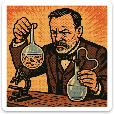 A victorian scientist like Louis Pasteur experimenting with two glass flasks.  One of the flasks has an open top and contains lot of bacteria in the water.  The other flask is sealed and contained clear water.  There is also a microscope on Pasteur's desk sticker