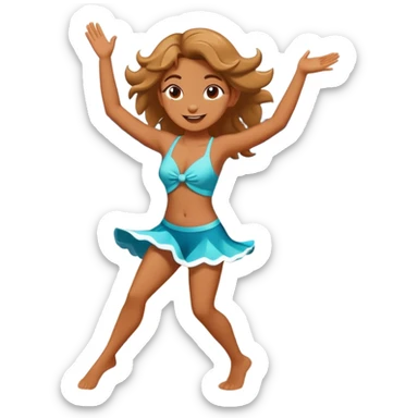 Dancing cartoon character on a sunny beach with sunlight highlighting them, playful pose, ocean waves in background sticker