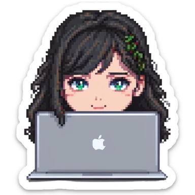 close-up of a girl's face peeking over a MacBook, pixel art style sticker