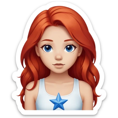 a girl with a red long hair and a black eyes and a light skin ton and a cute look she is wering a crop top colored white and in the midle of it a blue star sticker