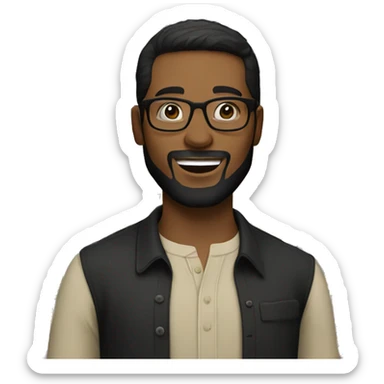 A man with glasses, short dark hair, and a beard wearing a black button-up shirt and light colored pants, standing in front of a colorful background with text. sticker