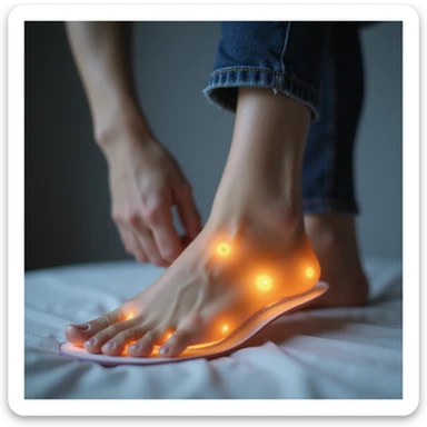 woman with orthopedic insole highlighted in different color or transparent to show fit to foot, evident pain, realistic style, clinical environment sticker