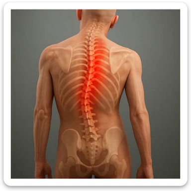 Create a hyperrealistic 3D medical illustration of a human body viewed from behind with the entire head visible. One shoulder is higher than the other, showing a crooked posture with evident scoliosis. The spine is realistically visible, crooked, and highlighted to emphasize back pain and spinal deformity. The image should be in 4K quality with a medical atmosphere. Use the reference image for details. sticker