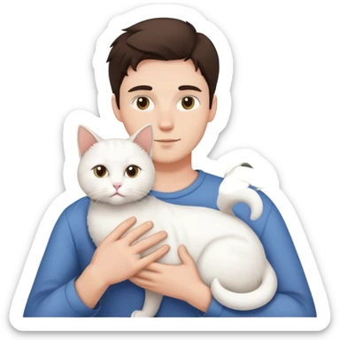 brunnete man holding white cat sticker