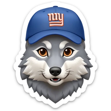 A gray wolf in a New York giants ball cap  sticker