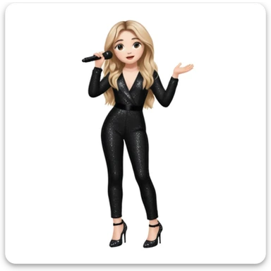 Sabrina carpenter singing at concert wearing a black sparkle jumpsuit and black sparkle heels. There is a huge crowd and light pink stage setting  sticker