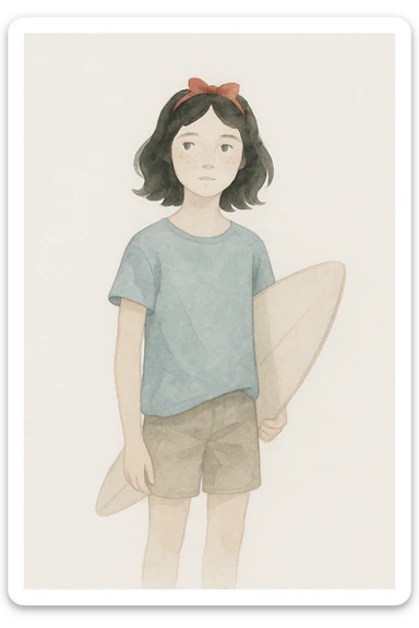 14-year-old girl resembling Snow White, hair slightly below shoulders, small green eyes, some freckles, surfer, medium height, watercolor style sticker