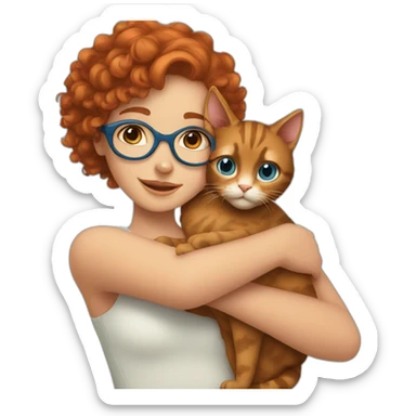 a pretty girl with curly copper hair and blue glasses hugging a cat sticker