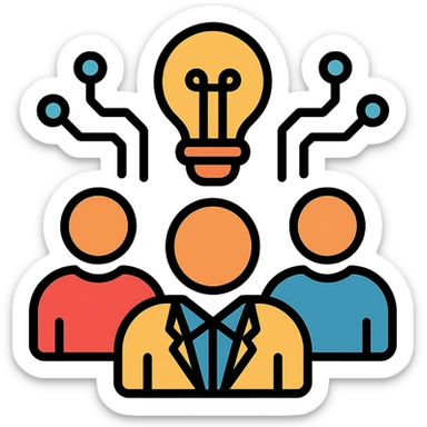 icon representing an online community for managers adapting to the AI Era, featuring a group of people, subtle AI or tech elements like circuit lines or a lightbulb, modern and welcoming look sticker