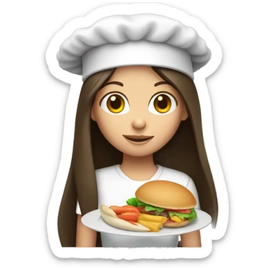 Brunette long straight hair girl holding food plate in a cook hat sticker