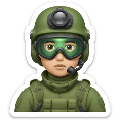 male modern infantry soldier with green body armor, helmet, mask, and night vision goggles, cool and brutal sticker