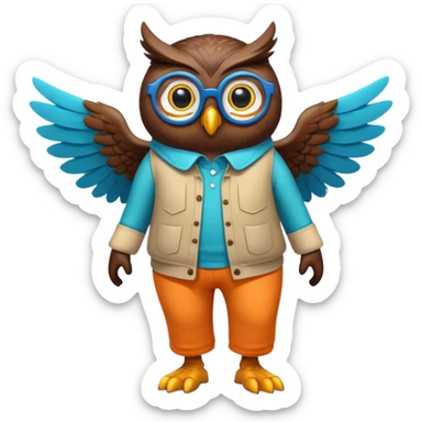 friendly anthropomorphised night owl with wings instead of arms, colourful pants and shirt, wearing glasses, walking upright, night owl features and colours, unique pose 1 sticker