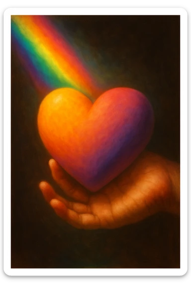 A hand holding a heart with a warm gradient, including yellow, orange, purple and lilac shades, a ray of rainbow light and darker muted tones, aspect ratio 3x4, glow, realistic hand sticker