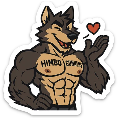 very muscular wolf furry, shirtless, with 'Himbo Gunners' tattooed on his pecs, blowing a kiss and winking, playful and confident expression, highly detailed fur and anatomy, ultra high quality sticker