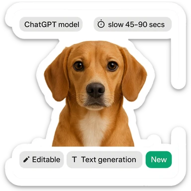 1:1 image of a dog for web UI, modern seamless look, including tags 'ChatGPT model', 'Speed icon: slow 45-90 secs', 'Editable', 'Text generation', 'New' as part of the image design sticker