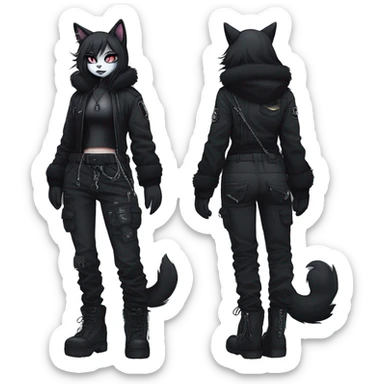 Gorgeous furry gothic dark techwear anime style anthro black cat furry sona Fakemon with blushing face aesthetic and pretty edgy black with collar and harness trending style chains cargo pants tomboy sticker
