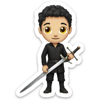 boy with dark pants and dark long sleeve shirt. One hand holding a sword sticker