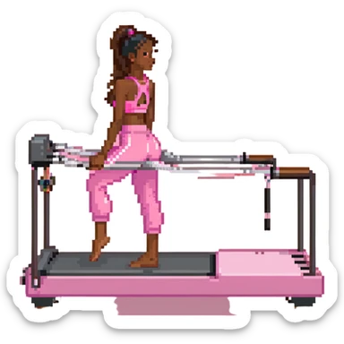 Brown girl in pink outfit on pink reformer pilates sticker