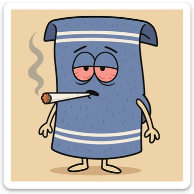blue towel character from South Park style, joint in mouth, half-closed red eyes sticker