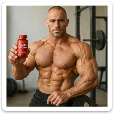 hyper realistic bodybuilder with astaxanthin supplement near weights, sculpted muscles, red bottle, text 'Forza e protezione', gym environment, light background sticker