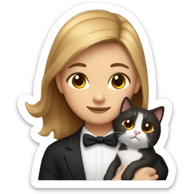 girl with light brown hair & brown eyes hugging tuxedo cat emoji sticker