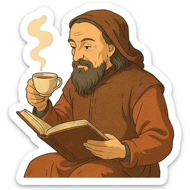 Chaucer reading a book and drinking tea, detailed, warm colors, ghibli style sticker